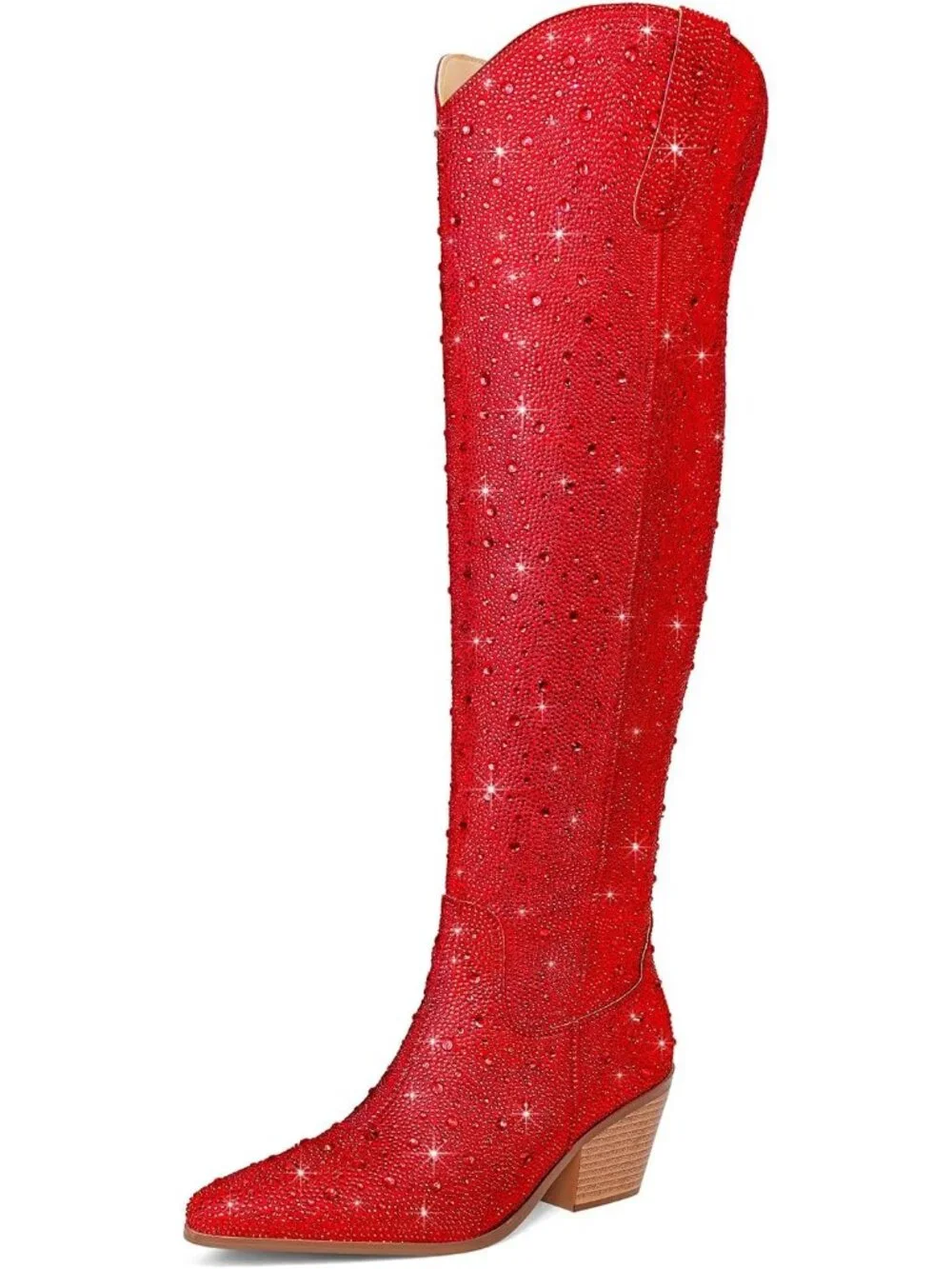 Women's Red Rhinestone Sparkly Bling Side Zippers Over the Knee High Boots